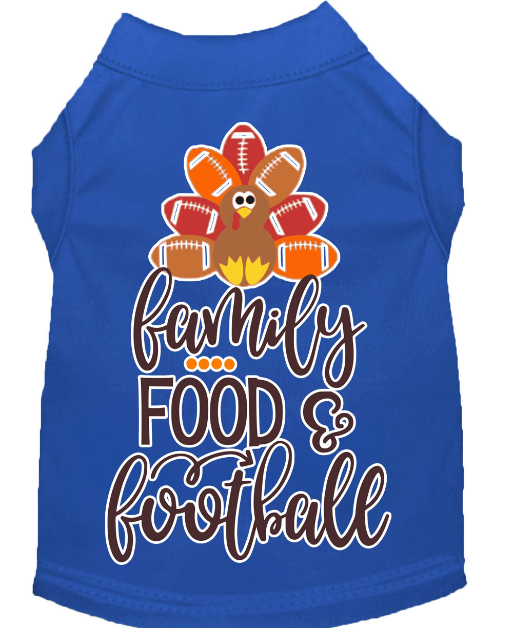 Family, Food, and Football Screen Print Dog Shirt Blue Sm